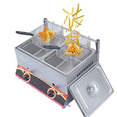 Freidora a Gas Profesional, con cestos y Tapa extraibles, Potencia Regulable, Acero Inoxidable Grueso freidora a Gas multifunción, para Patatas Fritas