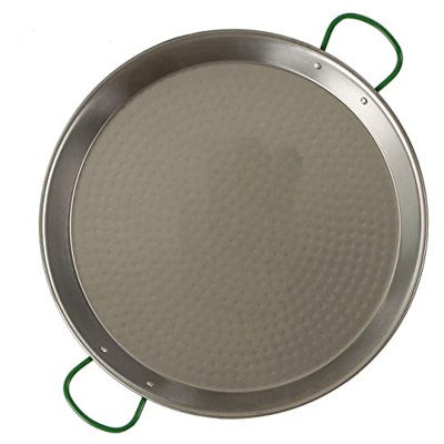 Paellera de 34 cm de color plateado pulido para barbacoa de gas