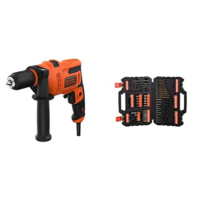 BLACK+DECKER BEH200, Taladro Percutor con Cable 500 W 230V, Incluye Empuñadura Lateral 500 W + A7200-XJ Juego de 109 piezas para atornillar y taladrar