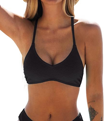 CUPSHE Top de Bikini para Mujer Bikini Halter Traje de baño Cuello en U Top de Bikini Texturizado Negro S