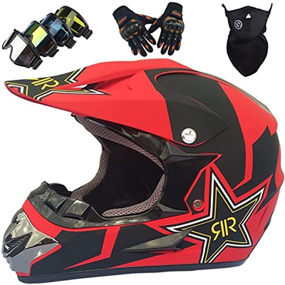 QJJML Casco De Motocross,Casco De Cross De Moto Jet con Gafas Máscara Guantes,Deportes De Motos Off-Road Racing Downhill Enduro Casco ATV MTB BMX Quad