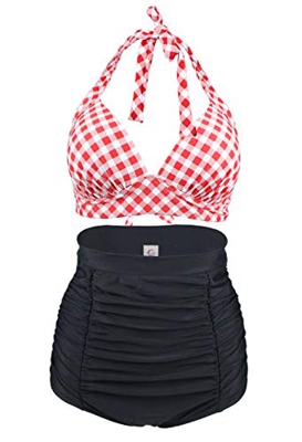 Bslingerie® Traje de baño de bikini de talle alto retro vintage para mujer, talla grande, Rojo a cuadros, 3XL