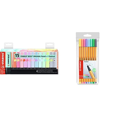 Marcador STABILO BOSS ORIGINAL pastel Set de mesa con 15 colores pastel + Rotulador puntafina point 88 Estuche con 8 colores pastel