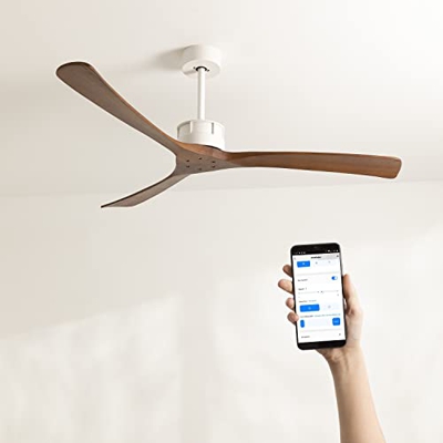 CREATE / WIND LARGE DC / Ventilador de techo Blanco y Aspas Madera Oscura con WIFI / 6 velocidades, Silencioso , Programable, dos alturas