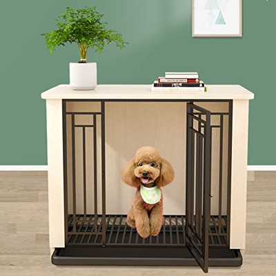 JYCCH Caseta para Perros Moderna para Interiores, casa para Perros de Alambre de Madera con Bandeja Deslizante, Mesa Auxiliar para Cachorros de Mascot