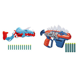 Lanzador Nerf DinoSquad Tricera-Blast, Carga de 3 Dardos con Apertura, 12 Dardos Nerf, Porta-Dardos + Lanzador de Dardos Stegosmash, Porta-Dardos para características