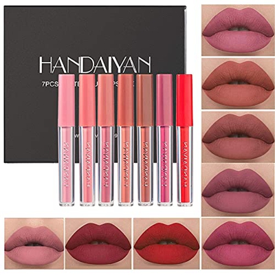 7 Piece Matte Liquid Lipstick Makeup Set Matte Liquid Long Lasting Non Stick Cup Non Fading Waterproof lip Gloss Makeup Gift Set Suitable for Ladies a