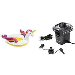 Intex 57441NP - Unicornio Hinchable Piscina con pulverizador + 66634 - Inflador eléctrico con adaptadores 220 - 240V en oferta