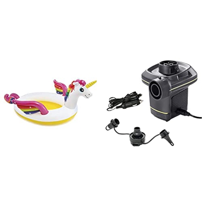 Intex 57441NP - Unicornio Hinchable Piscina con pulverizador + 66634 - Inflador eléctrico con adaptadores 220 - 240V