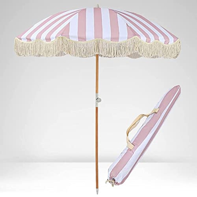 Φ2M Sombrilla De Rayas Rosa+Blanco,Sombrilla De Jardín Grande Retro,Sombrilla De Playa Con Flecos De Lujo,Poste De Madera,Protector Solar Impermeable,