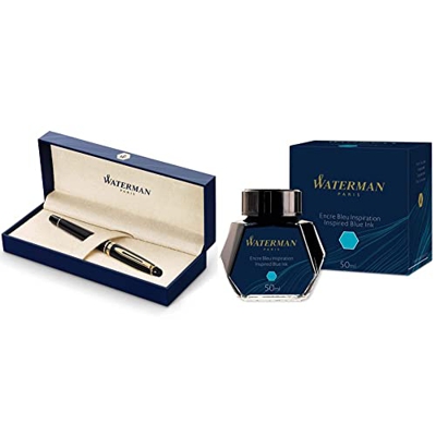 Waterman Expert - Pluma Estilográfica con Estuche de Regalo, Negro (Black/Gold Trim) + tinta para pluma estilográfica, azul inspiración, frasco de 50 