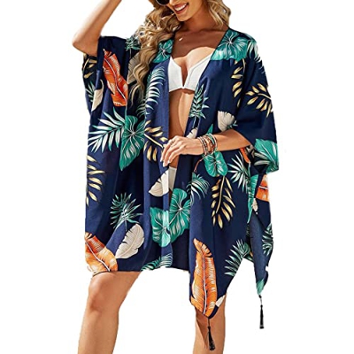 para Mujer Cover Ups Gasa Estampado Floral Kimono Suelto Chal cárdigan Boho Verano Blusa Informal Top Sexy Playa Traje de baño Capas Vestido Playa par