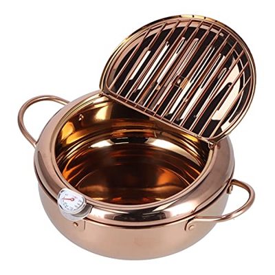 Freidora Olla, 3.4L Acero Inoxidable Japonés Antiadherente Tempura Freidora Freidora Profunda con Termómetro, Tapa, Escurridor de Goteo de Aceite para