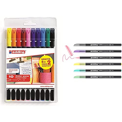 Edding 1200-8 + 2s bolsa con 8 rotuladores + 2 de regalo +  1200 rotulador de color de trazo fino juego de 6 colores pastel punta redonda 1 mm