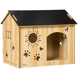 PawHut Caseta de Madera para Perros Pequeños Casa para Mascotas Interior con Puerta Delantera de Forma de Sol Corazón Pata 69x50x58,5 cm Roble precio