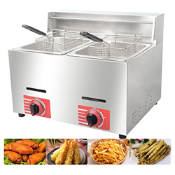 Freidora Comercial de Gas 10L * 2 Freidoras de Encimera de Acero Inoxidable con 2 Cestas y Tapa, Freidora de Gas de 2 Tanques Al Aire Libre para Papas en oferta