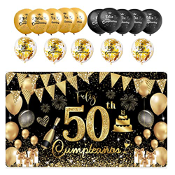 (1+15) Decoración para Cumpleaños 50 Escrita en Español 1 Pancarta Feliz Cumpleños 50 Decoración 50 Años Negro Oro Happy Bithday Fondo Cartel con15 Gl en oferta