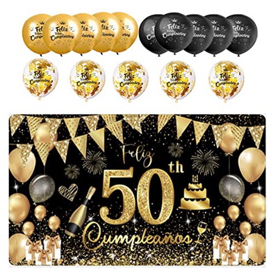(1+15) Decoración para Cumpleaños 50 Escrita en Español 1 Pancarta Feliz Cumpleños 50 Decoración 50 Años Negro Oro Happy Bithday Fondo Cartel con15 Gl