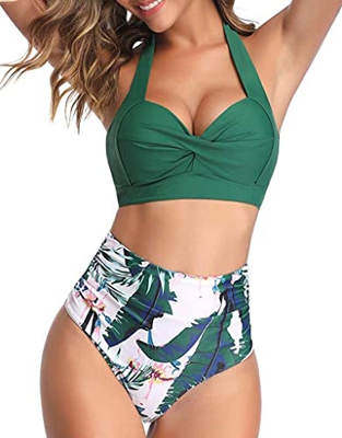 Yutdeng Conjuntos de Bikinis para Mujer Cintura Alta Bañador con Cuello Halter Retro Ropa de Playa Sexy Push Up Brasileños Bañador Ropa de Dos Piezas 