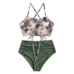 ZAFUL Tankini Set con Relleno Estampado Tirantes Anudados Braguita Talle Alto para Mujer, S en oferta