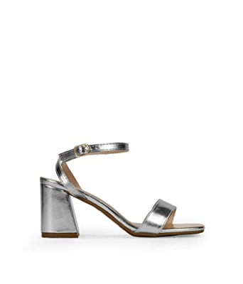 BOSANOVA Sandalias Doradas con una Tira al Empeine y Detalle de tacón Ancho. Cierre de Pulsera con Hebilla. Plata 39