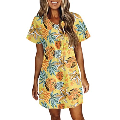 Pianshanzi Mujeres Casual Sexy Swim Cover Up Cuello en V Verano Beachwear Coverups Flowy Manga Corta Mini Vestido de playa Vestido de verano para muje