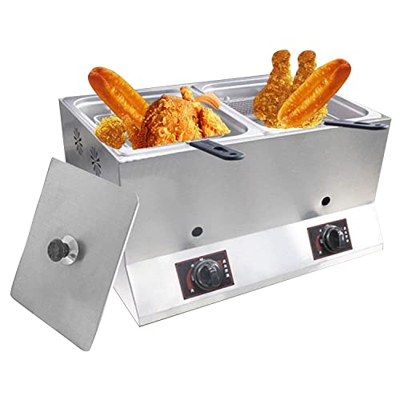 EIXUE Freidora de Gas con 2 Cestas para Freír y Tapa, Freidora Aceite para Papas Fritas, Mariscos, Freidora Comercial de Doble Tanque para Papas Frita