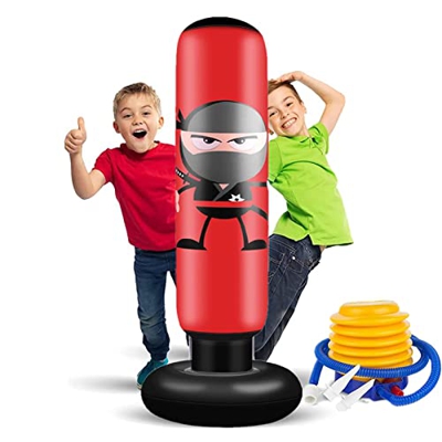 EIVONDA Saco de Boxeo Niños 160cm Inflable Ninjas Saco de Boxeo de Pie Saco de Arena con Bomba de Aire para Practicar Karate Taekwondo y Aliviar la En