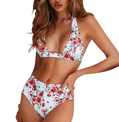 CMTOP Trajes de Baño Bikini Las Mujeres de Dos Piezas Bathing Suit Bikinis Mujer Conjunto de Cuello Halter Estampado Floral de Cintura Alta para el Ve