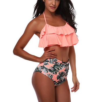 Yutdeng Bikini Mujer Halter Push Up Ruffles Flores Bikinis Talle Alto Control del Vientre Bañador Vientre Plano Reductores Traje de Baño, Rosa, L