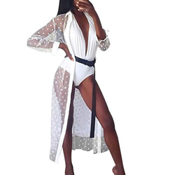 Cardigan de Playa Verano Bikini Cubierta Transparente con Encaje de Lunar Kimono Suelto Largo Perspectivo de Manga Larga Ligera Chal de Verano Playa R en oferta