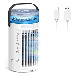 Aire acondicionado portátil mini acondicionador evaporativo de aire refrigerador de aire con USB Carga, 7 colores luz, portátil C.A. Fan Humidificador en oferta