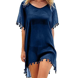 FFWTPY Mujer Suelto Vestido de Playa V Cuello Gasa Camisolas y Pareos con Borla Ropa de Baño de Playa Transparente Bikini Cover Up (Azul Marino) características