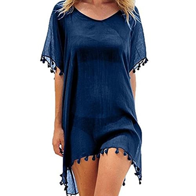 FFWTPY Mujer Suelto Vestido de Playa V Cuello Gasa Camisolas y Pareos con Borla Ropa de Baño de Playa Transparente Bikini Cover Up (Azul Marino)