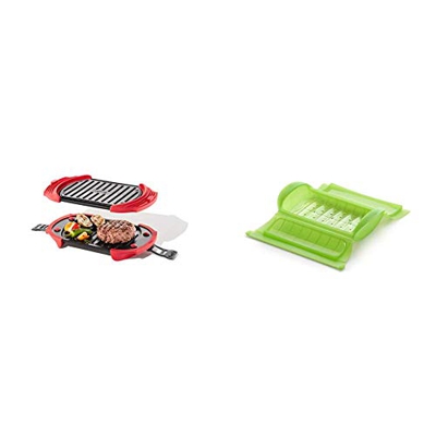Lékué Microwave Grill, Red microondas, Acero, rojo y negro + - Estuche de vapor con bandeja, 1-2 personas, color verde