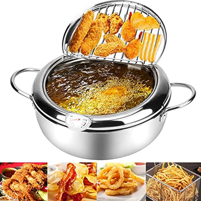 志城 Freidora Tempura De 4,2 L, Freidora De Temperatura Controlable para El Hogar, con TermóMetro + Tapa, Freidora FáCil De Limpiar, para Cocina De Indu