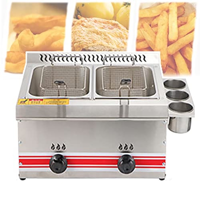 志城 Freidora De Gas De Acero Inoxidable, Freidora De Gas LPQ Comercial De 10 L/20 L, Freidora De Cocina De Encimera Profesional, para Restaurante/Hogar