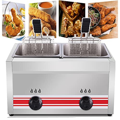 志城 Freidora De Gas De 10 L/20 L, Freidora Comercial De Acero Inoxidable, con Cesta Y Tapa, Potencia De Fuego Ajustable, para Restaurante/Pollo Frito C