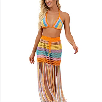 Bikini De Ganchillo Para Mujeres 2 Piezas Set - Sexy Crocheted Knited Top And Lace Up Tassel Skirt,Summer Casual V-Neck Halter Beach Suit Clothings,Ba