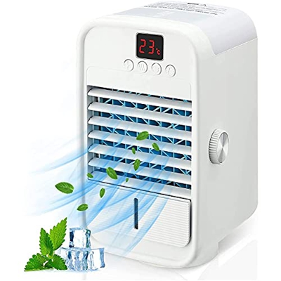 FMOPQ USB Air Conditioner Fan Portable Air Cooler Quiet Personal Table Fan with Display Temperature and LED Light for Home Bedroom Office Outdoor