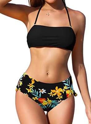 SHEKINI Mujer Traje de Baño de Dos Piezas Bandeau Ajustable Acolchado Bikini Top Sexy Halter Bikini Set Cintura Alta Control Abdomen Parte Inferior de