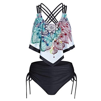 XOXSION Bikini sexy para mujer push-up, estampado de BOH acolchado, volante, cruzado, tankini, traje de baño azul celeste S