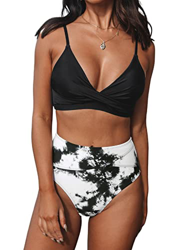 CUPSHE Bikini para mujer de cintura alta, elegante traje de baño de dos piezas, negro/blanco, XL en oferta