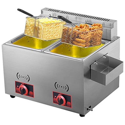 EIXUE Freidora Comercial de Doble Tanque de 12L, Freidora de Aceite de Encimera de Acero Inoxidable con Cestas y Tapas, Freidora de Cocina para Restau
