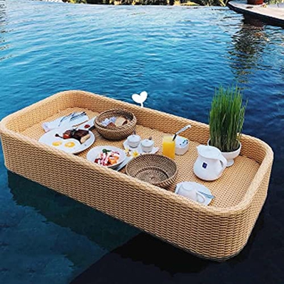 JIngtoNG Bandeja de Mimbre Hecha a Mano, Bandeja Flotante, Bandeja de Servicio de Lujo, Accesorios de Piscina para Adultos, Plato de Desayuno de Agua 