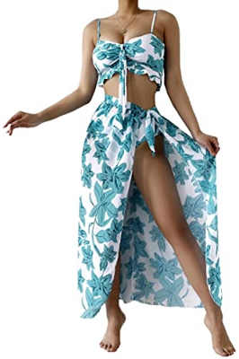 Traje de baño de playa de 3 piezas para mujer sexy bikini conjunto de volantes tropicales con falda enrollable ropa de playa, Verde, M