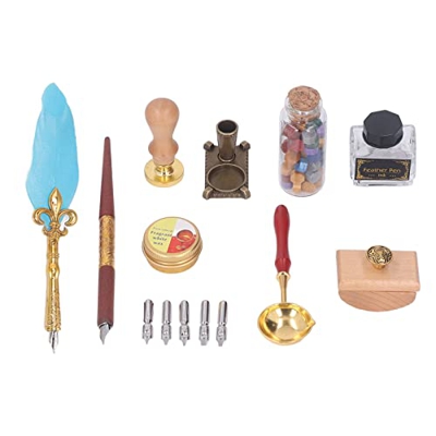 Juego de Bolígrafos de Tinta de Plumas, Plumas Azules, Elegancia Vintage, Juego de Bolígrafos de Madera de Haya Antiescaldado, Cera de Barniz de Color