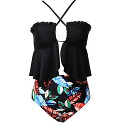 Amenxi Mujer Conjunto De Frill Bikini Tiras Talle Alto Tallas Grandes Sexy Traje De Baño Cuello Halter Vintage (E1black, XL) precio