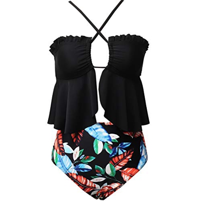 Amenxi Mujer Conjunto De Frill Bikini Tiras Talle Alto Tallas Grandes Sexy Traje De Baño Cuello Halter Vintage (E1black, XL)