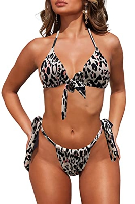 NLAND Conjunto De Bikini De Dos Piezas para Mujer Top De Triángulo Ajustable con Tirantes Y Tanga Braga Brasileña De Cintura Baja(Estampado de Leopard